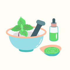 Mortar with a pusher preparation of essential oil from mint. Cosmetic procedure. Vector