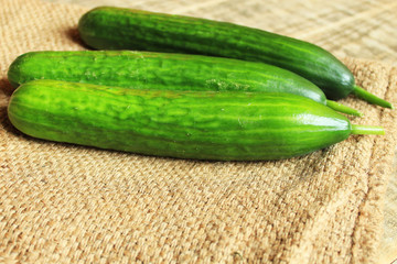 Three fresh cucumbers lie on a rag bag. Wood background.