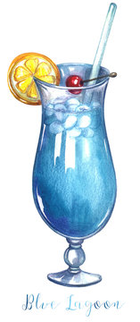 Watercolor cocktail Blue Lagoon