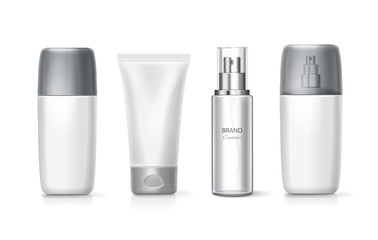 Cosmetic products set. Package collection for cream, soup, lotion spray, shampoo on a white background Realistic 3d vector illustration.