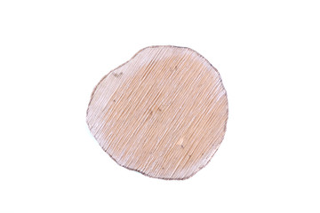 Detailed piece of circular flat cut wood showing annual rings, cracks, bark and texture. Slice an...