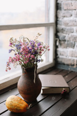 Cozy fall home interior. Autumn still life.  Flat lay. home decor inspired by autumn.