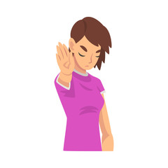 Girl holds palm in front of her saying stop cartoon vector illustration