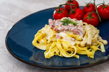 tasty Carbonara pasta on the table