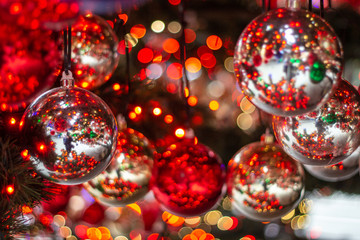 Christmas ornaments on the Christmas tree with bokeh background ball