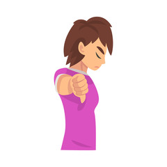 Girl holds fist finger down, dislike cartoon vector illustration