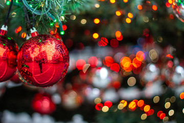 Christmas ornaments on the Christmas tree with bokeh background ball