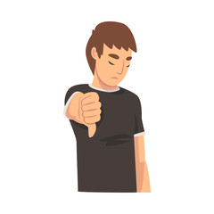 Boy holds fist finger down, dislike cartoon vector illustration
