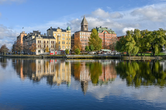 Motala stream in Norrkoping during fall. Norrkoping is a historic industrial town in Sweden.