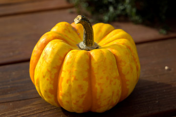 Kürbis auf einem rustikaltem Holztisch