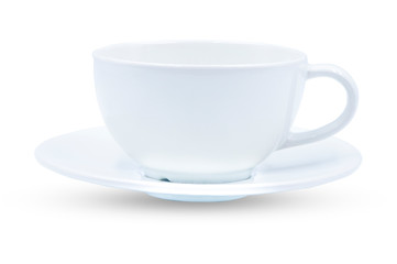 Empty coffee white cup in plate isolate on white background. White ceramic mug, Cups for coffee or tea with clipping path.