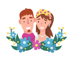 Portrait of bride and groom standing behind a wreath cartoon vector illustration