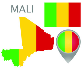 Colorful flag, map pointer and map of Mali in the colors of the Mali flag. High detail. Vector illustration