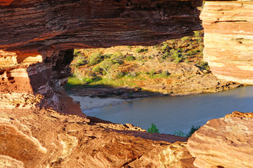 View of the Nature’s Window red rock arch in Kalbarri National Park in the Mid West region of Western Australia.