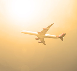 Big plane against yellow evening sky.