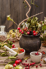 Halloween concept background. Witch bowler, mistletoe, elderberry. Dry herbs, flowers, fresh berries