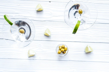 martini cocktail top view of wooden background