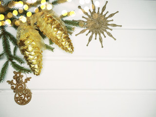 christmas decoration greeting card on garland lights background
