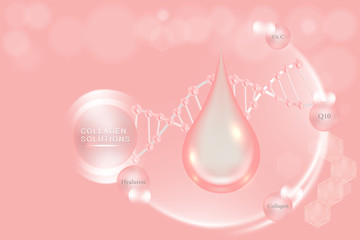 Hyaluronic acid skin solutions ad, pink collagen serum drop with cosmetic advertising background ready to use, illustration vector.	