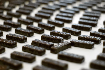 chocolate candies on the conveyor of a confectionery factory close-up