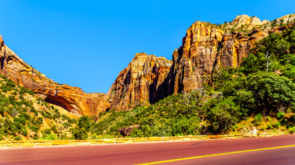 The Great Arch with East Temple mountain, Canyon Overlook and Bridge Mountain viewed from the Zion-Mount Carmel Highway in Zion National Park, Utah, United States