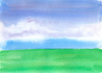 Abstract watercolor landscape. Blue sky with clouds, a bright field and a smooth horizon.