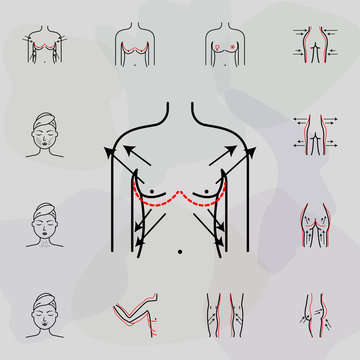Breast enlargement, woman icon. Universal set of plastic surgery, epilation for website design and development, app development