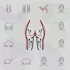 Buttock lift, woman icon. Universal set of plastic surgery, epilation for website design and development, app development