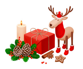 Cozy Christmas. Illustrations of Cristmas gift box, deer toy, decorations and cookies
