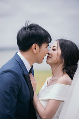Wedding couple, Handsome groom kisses bride in white dress on the green meadow.