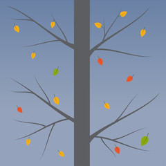 Silhouette of a tree with falling leaves in the fall. Vector illustration.