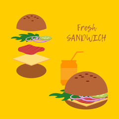 Seamless background. Sandwich and its ingredients. Vector illustration for web design or print.