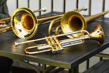 Obraz na płótnie Canvas Several wind instruments, orchestral trumpets