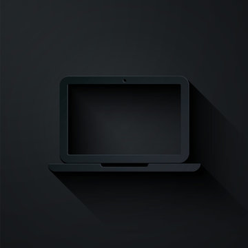 Paper cut Laptop icon isolated on black background. Computer notebook with empty screen sign. Paper art style. Vector Illustration