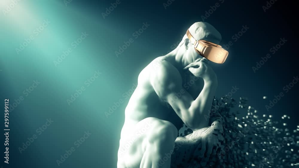 Wall mural 4K. Sculpture Thinker With Golden VR Glasses Desintegrated Into 3D Pixels. 3D Animation. 3840x2160.