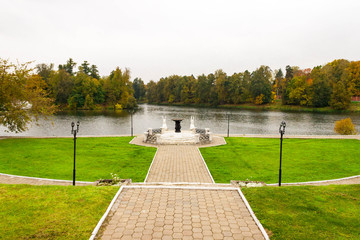 Russia, Marfino, 29 September 2019: Old pond of Gothic Old Moscow Noble count manor Marfino