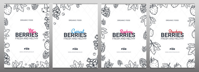 Sert of Berries banners with raspberries, strawberries, currants and cherries. Food design template with berry.