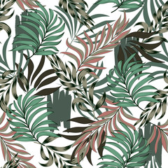 Fashionable seamless tropical pattern with bright pink and green plants and leaves on white background. Seamless pattern with colorful leaves and plants. Exotic tropics. Summer.