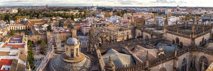 Panoramic View on Cathedral and Sevilla from former Minaret La Giralda, Spain