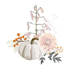 Autumn white dahlia, liliesflowers, herbs, pumpkin, mushrooms and berries composition. Happy thanksgiving day.