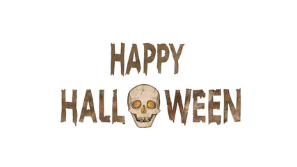 Happy Halloween Text with a spooky Ghost Skull with glowing eyes isolated on White