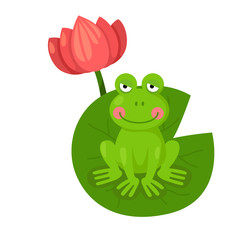 Cartoon frog on lotus leaf illustration, vector