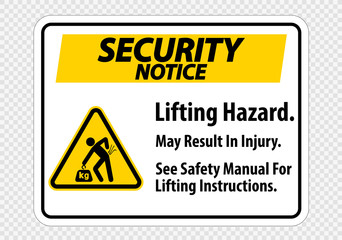 Lifting Hazard,May Result In Injury, See Safety Manual For Lifting Instructions Symbol Sign Isolate on transparent Background,Vector Illustration