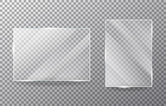 Realistic transparent glass window. Glass plates on transparent background. Acrylic and glass texture with glares and light.  Rectangle frame. Vector.