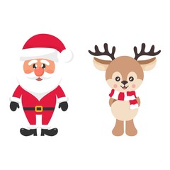 cartoon cute deer with scarf and christmas santa claus