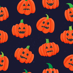 Seamless pattern with bright pumpkins on black background. For fall decoration, autumn fest invitations, fabric, kitchen textile and helloween print, web page background, gift and wrapping paper. 