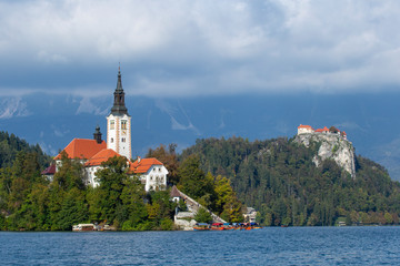 Bled lake in Slovakia with church on island.