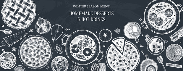 Hot drinks, homemade pies and desserts design. Winter food and drinks top view. Hand drawn illustration of Christmas menu - mulled wine, hot chocolate, tea, cherry, strawberry, apple pies sketches. © sketched-graphics
