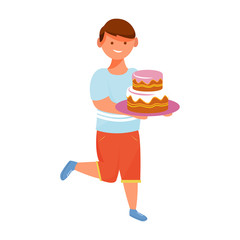 Happy boy with cake flat vector illustration. Children party celebration. Positive holiday emotions. Cheerful birthday boy running with dessert isolated cartoon character on white background