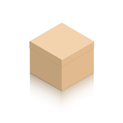 Mock up miniature closed cardboard box. Object on a white background with a mirror shadow for icons, advertising, website content. Isometric style.
